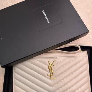 Ysl monogram quilted clutch bag 
Cream and gold 
Comes with box and dust bag